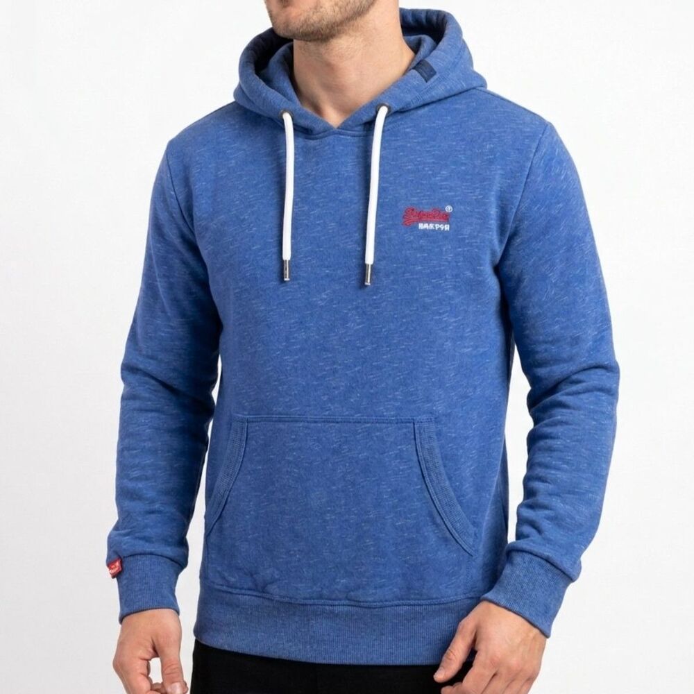 Vintage Superdry Mens XL Blue Heathered Hoodie Embroidered Logo Sweatshirt